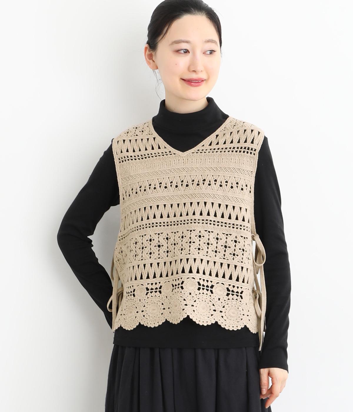 ウールポリエステル　レース編み2wayニットベスト(ベージュ-F)