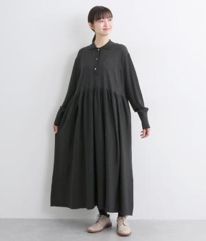 Easy Care梳毛天竺ポロ襟ギャザーワンピース(チャコール-F)
