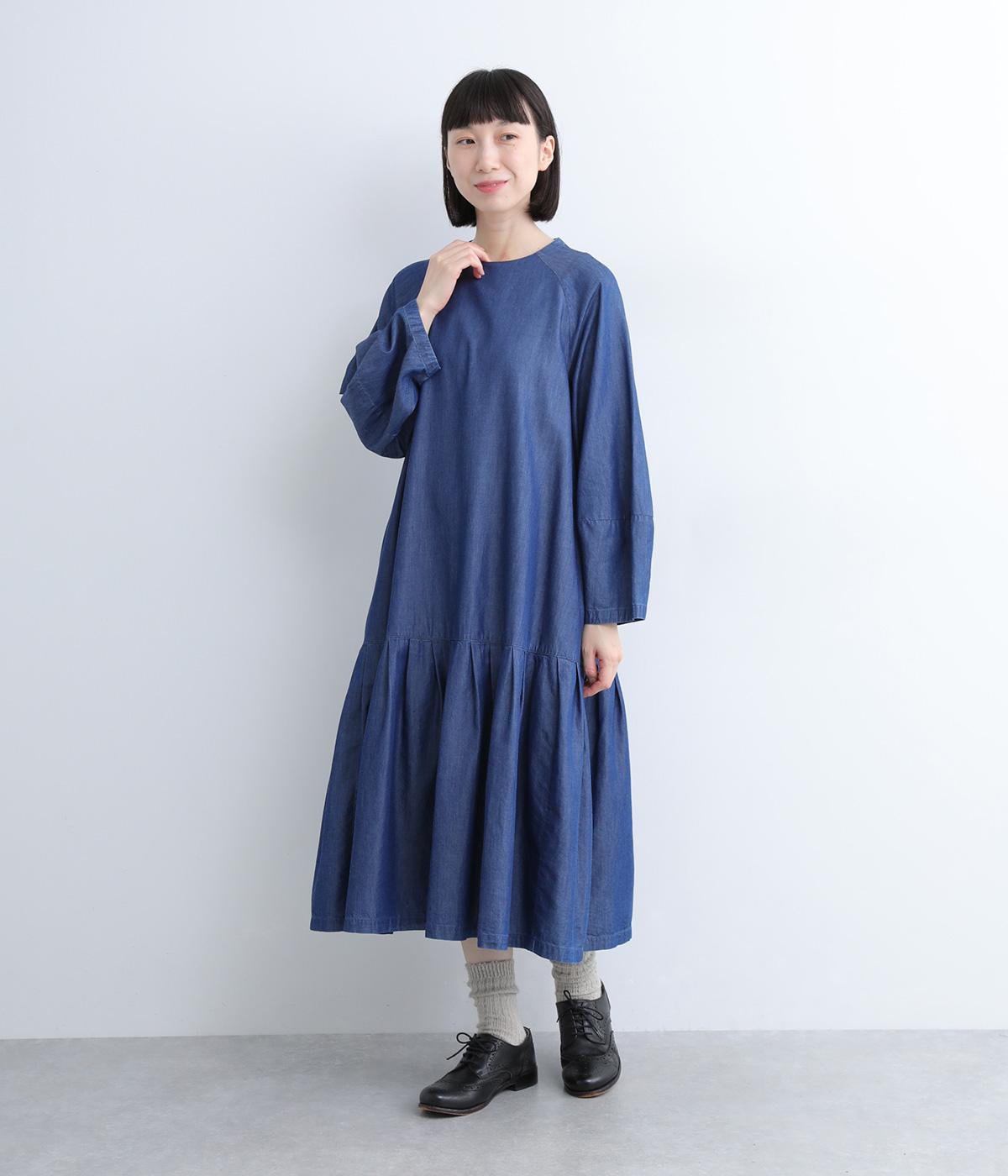 デニム　バルーン袖ティアードワンピース(デニム-M)