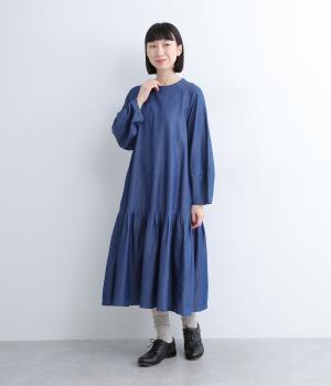 デニム　バルーン袖ティアードワンピース(デニム-M)