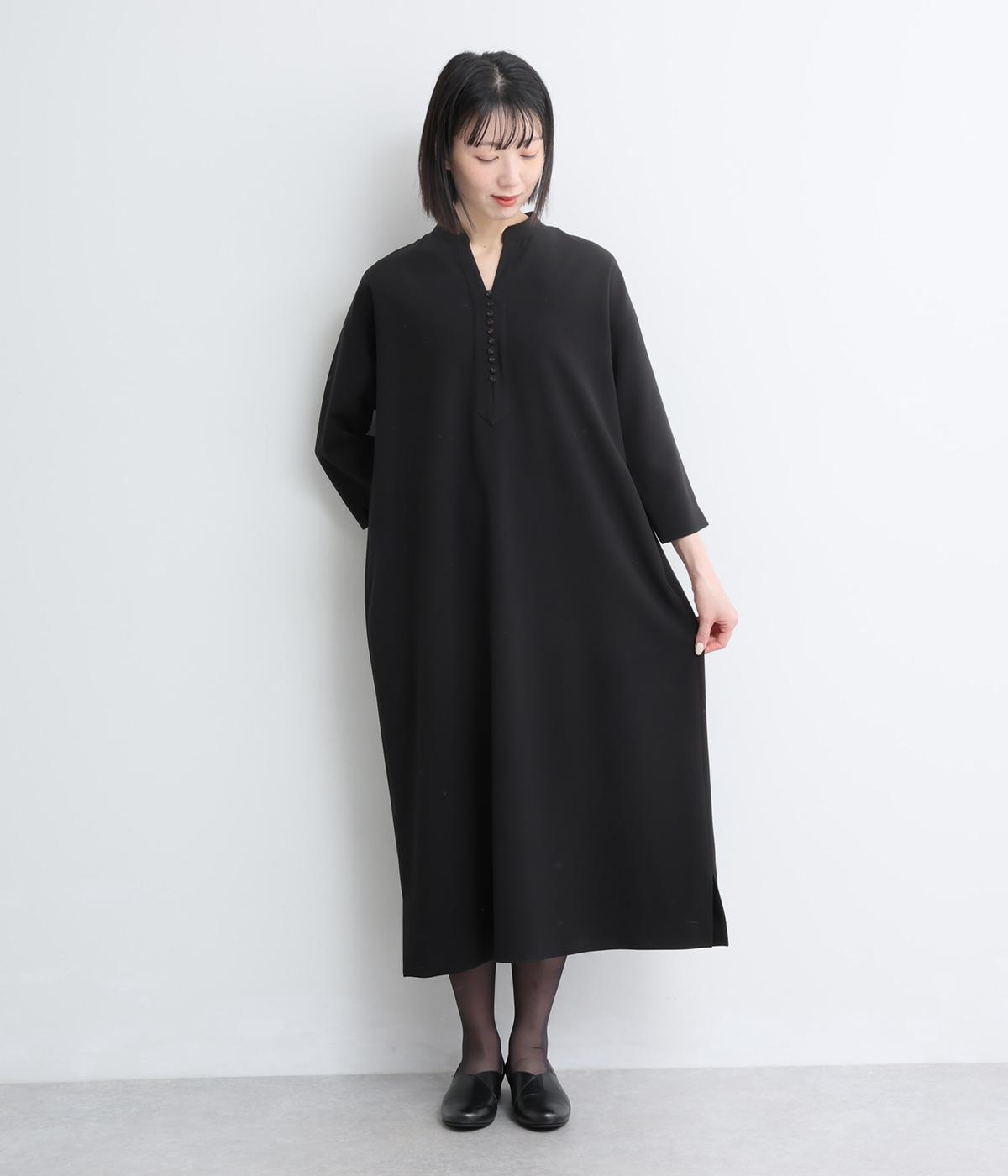 エコポリエステルダブルクロス　フロントボタンワンピース(ブラック-F)