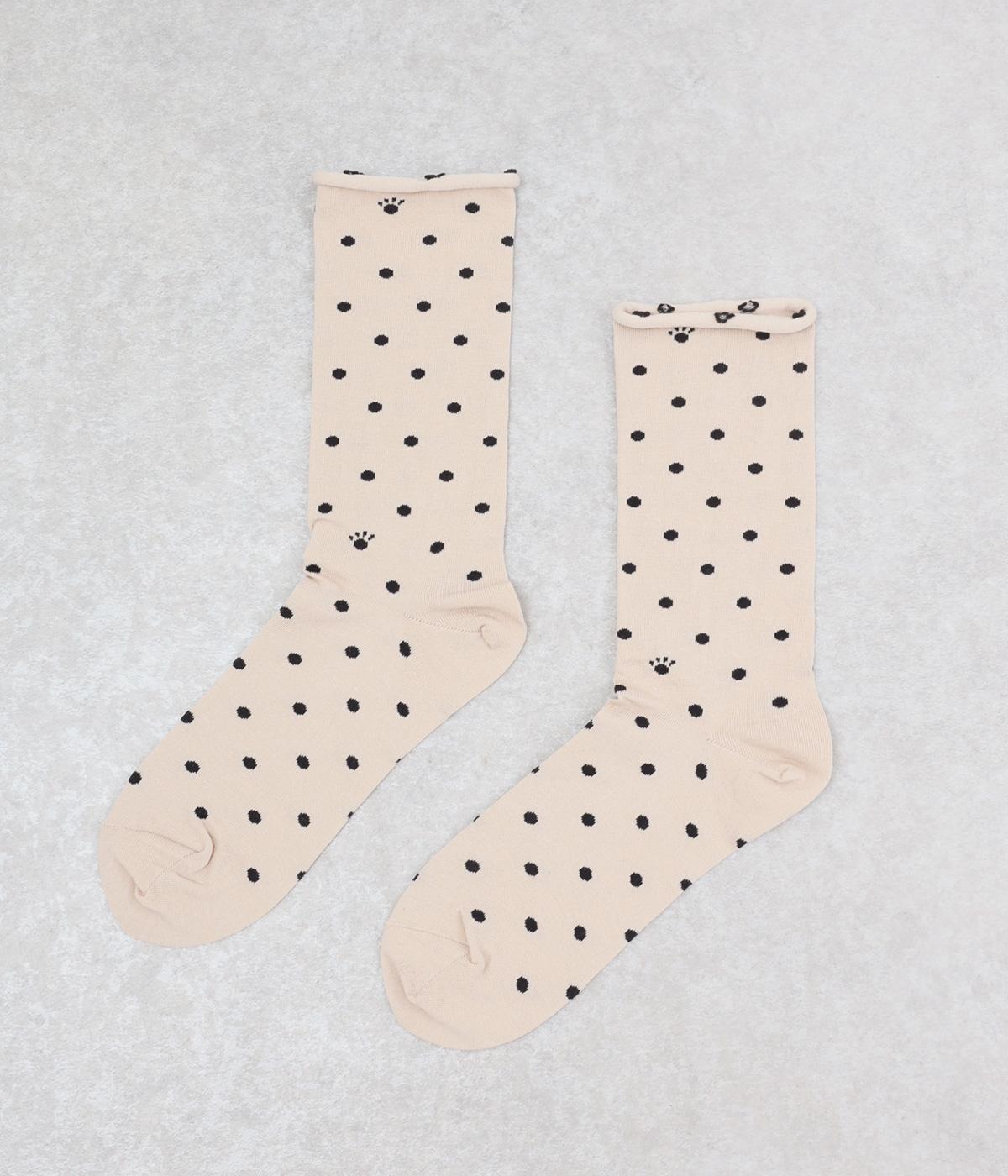 ドット猫肉球柄ソックス(ベージュ×クロ-F)