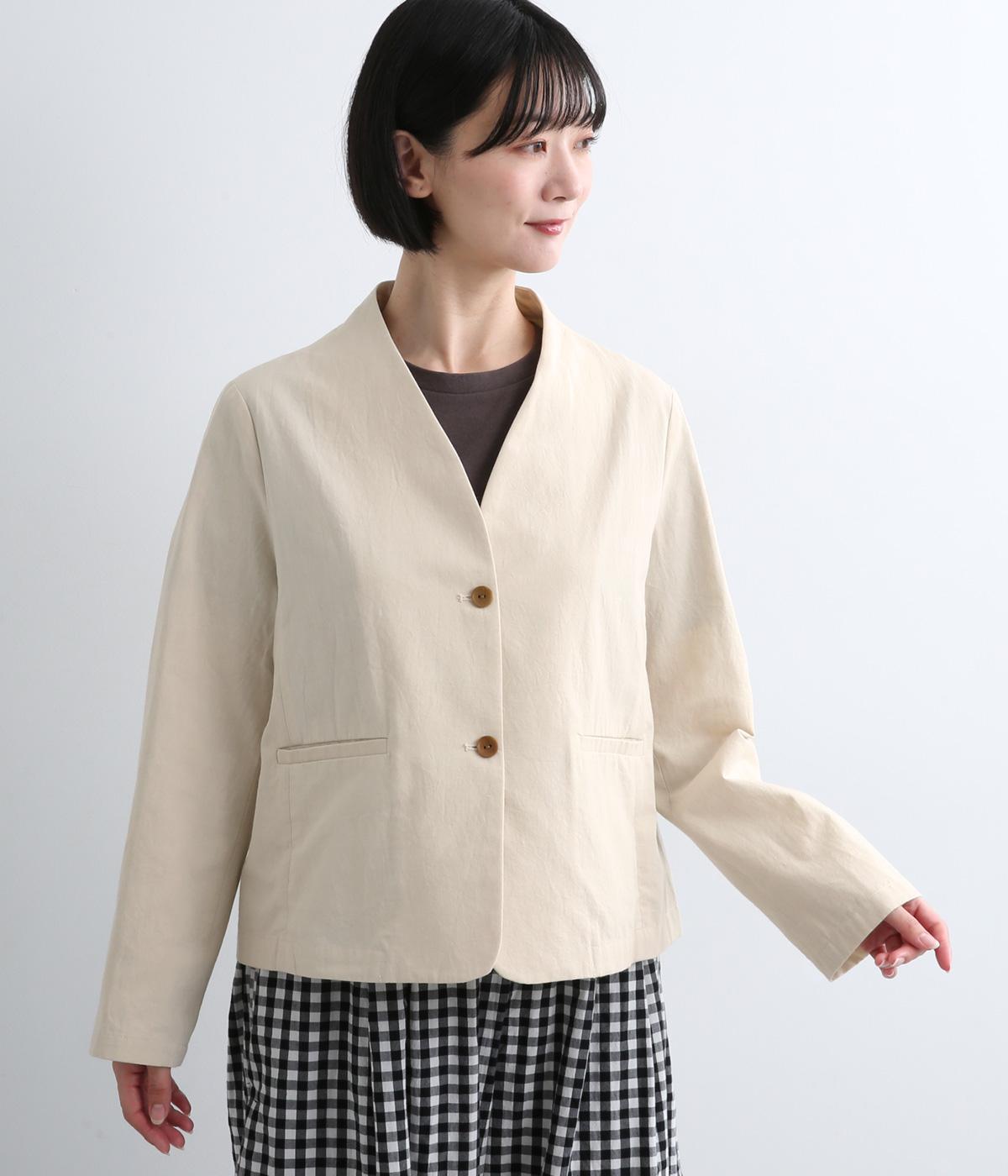 グランジコットンポプリンノーカラージャケット(ライトベージュ-F)