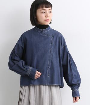 コットンフロントデザインボトルネックブラウス(デニム-F)