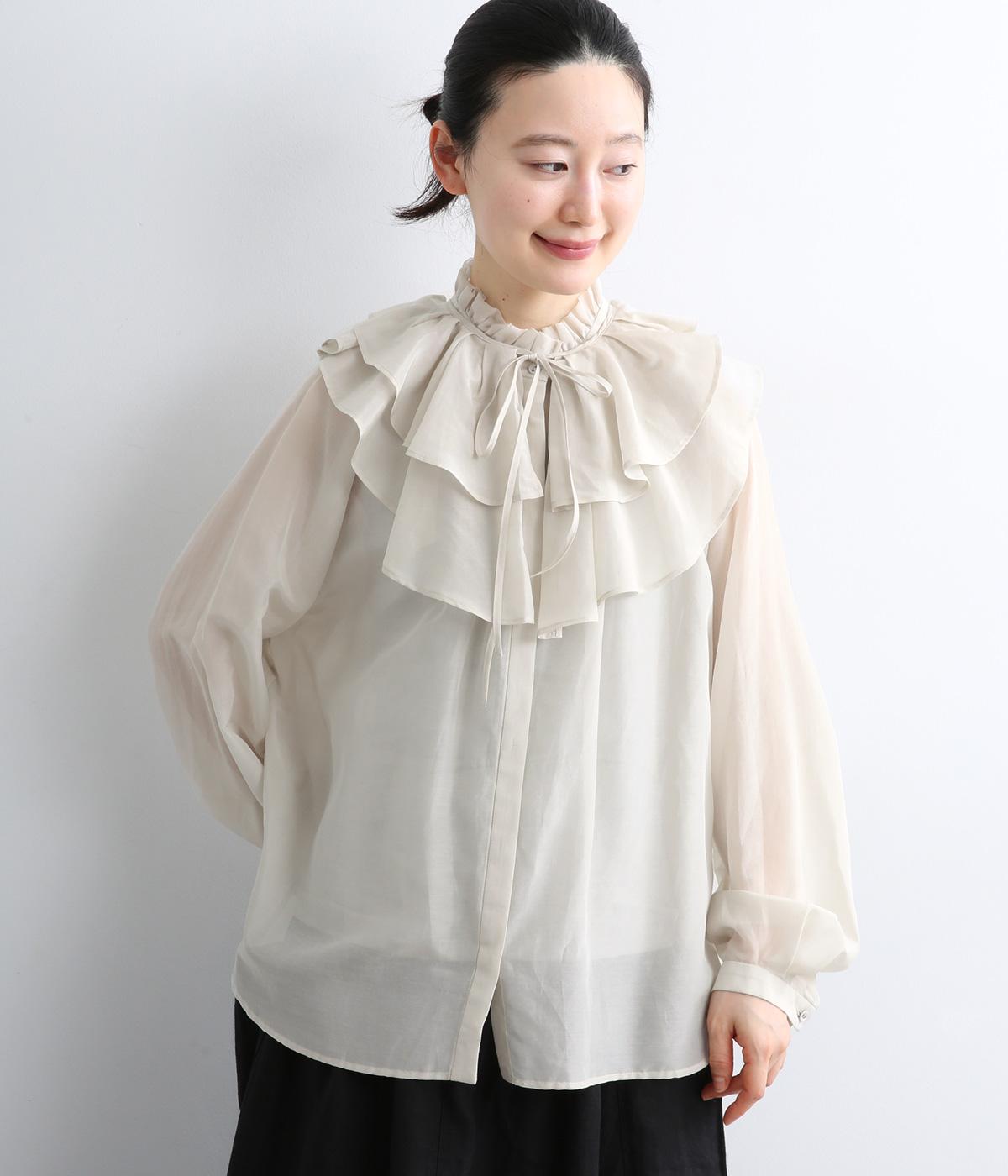 コットンシルクボイルフリル襟付きブラウス(ライトグレー-F)