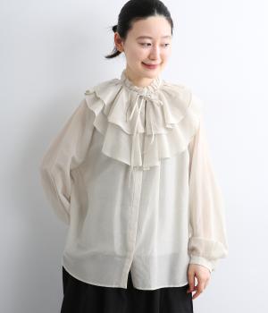 コットンシルクボイルフリル襟付きブラウス(ライトグレー-F)