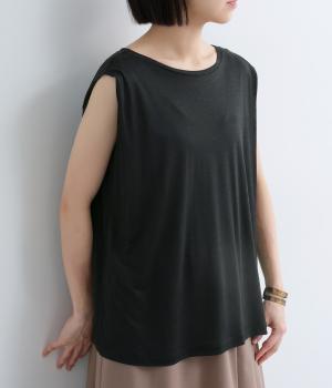 レーヨンリネン天竺ノースリーブトップス(ブラック-F)