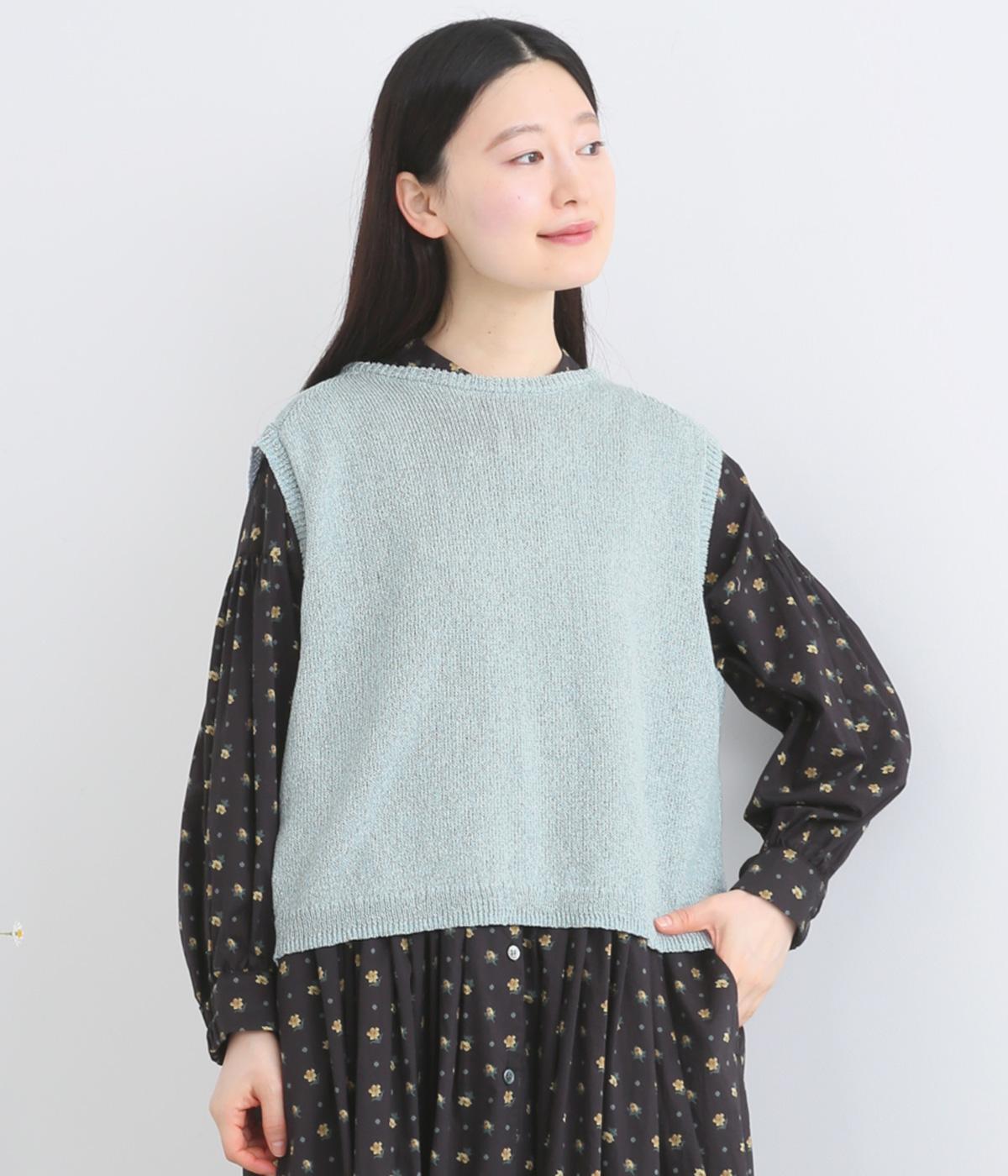 URARA×SHIONミックス和紙天竺ニット2wayリボンベスト(サックス系-F)