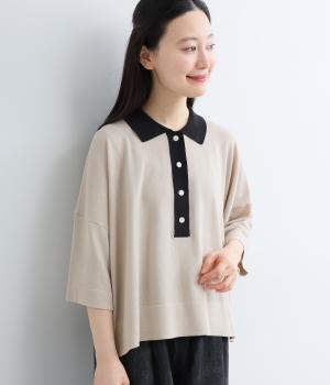 和紙コットン天竺バイカラーニットポロ