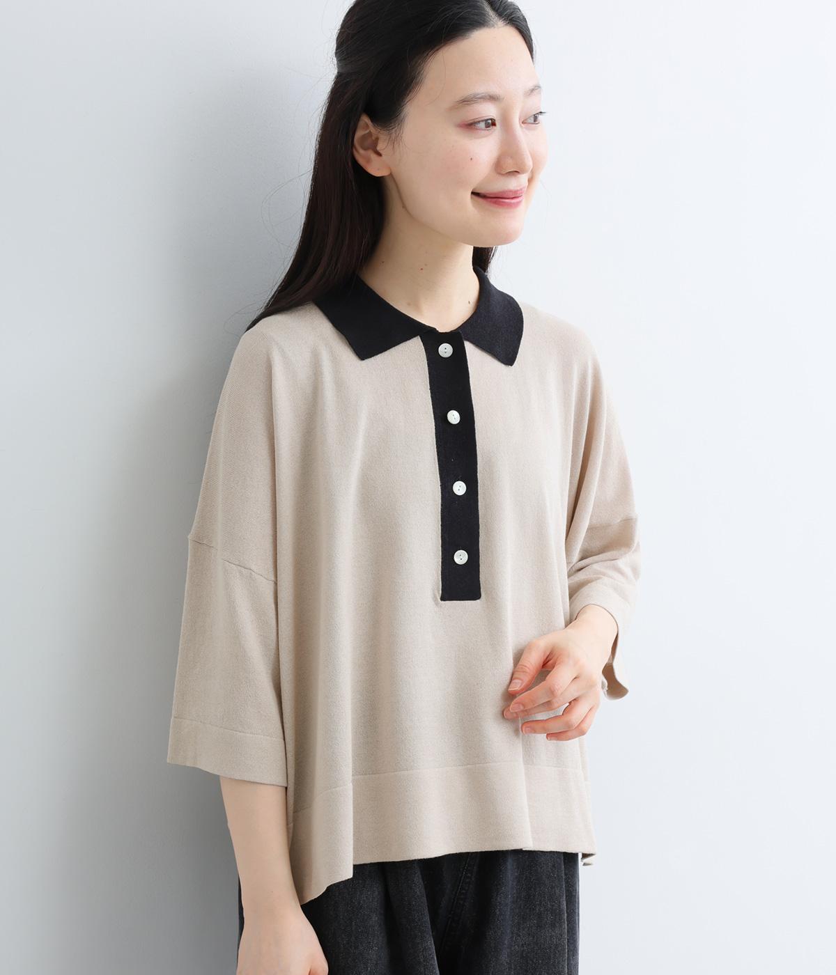 和紙コットン天竺バイカラーニットポロ(ベージュ-F)