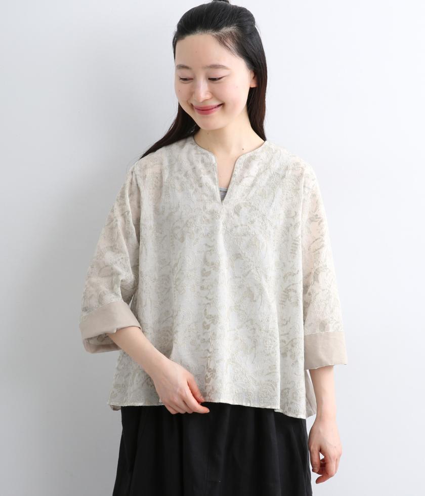 コットンボイル　トラネコボンボン刺繍Aラインプルオーバー