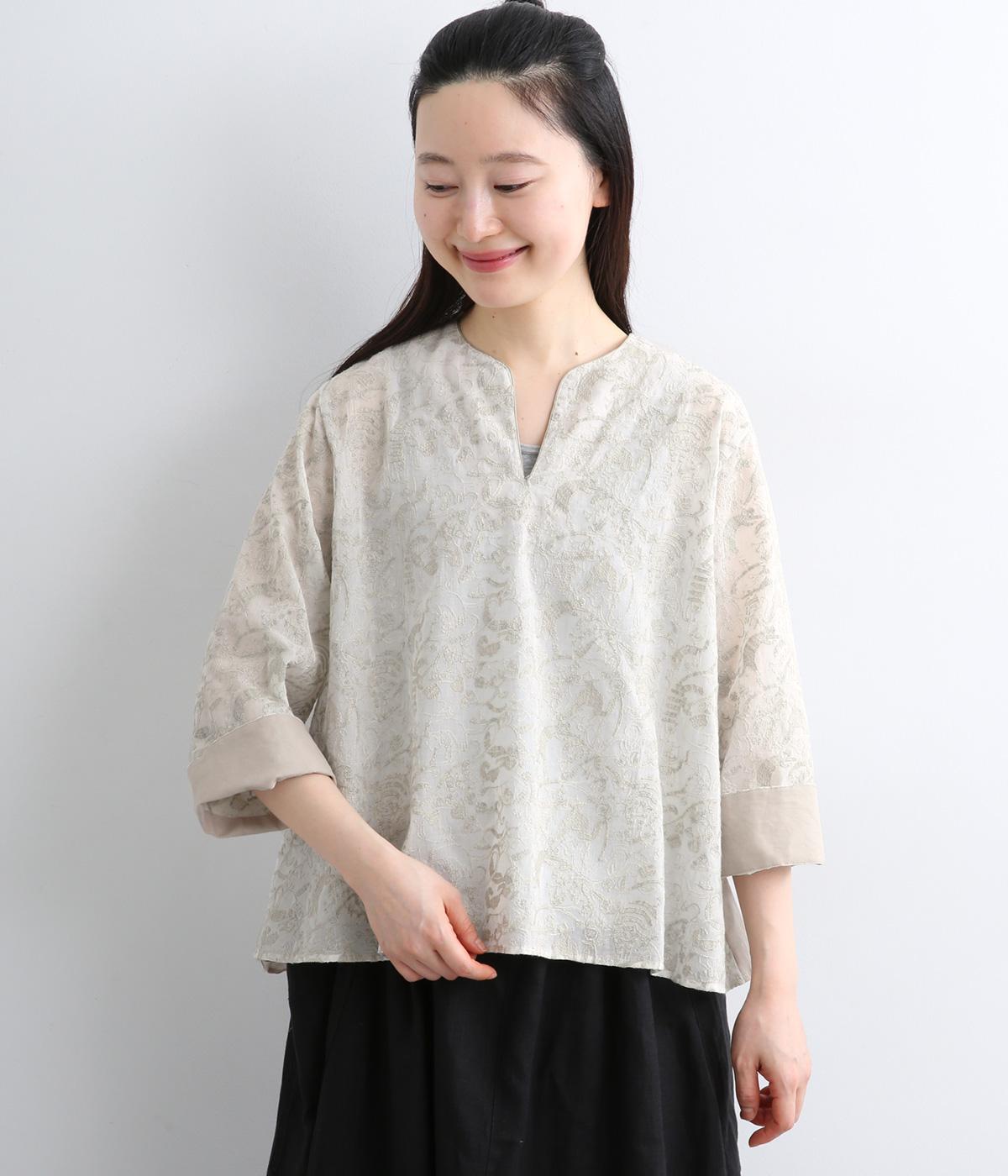 コットンボイル　トラネコボンボン刺繍Aラインプルオーバー(オフ系-F)