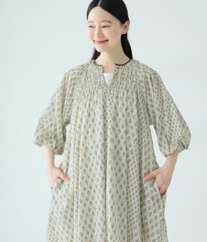 パッチワーク風インドプリント　羽織りワンピース(ベージュ系-F)