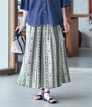 サニークラウズ　feat. HOKKOH 　プロバンスのレモン柄スカート(グリーン)(グリーン-L)