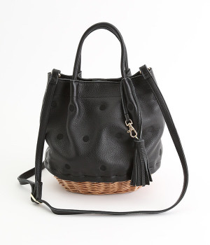 牛革ソフト×ヤナギ底２WAYバッグ(ブラックドット刺繍-ONESIZE)