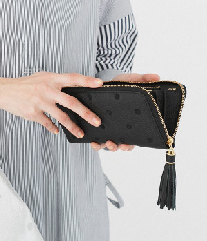 牛革ドット刺繍ラウンド長財布(ブラック-ONESIZE)