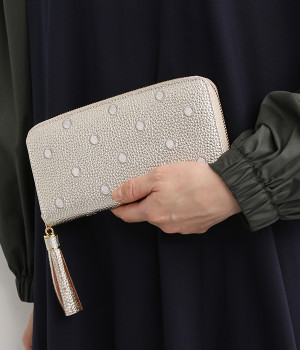 牛革ドット刺繍ラウンド長財布(ゴールド-ONESIZE)