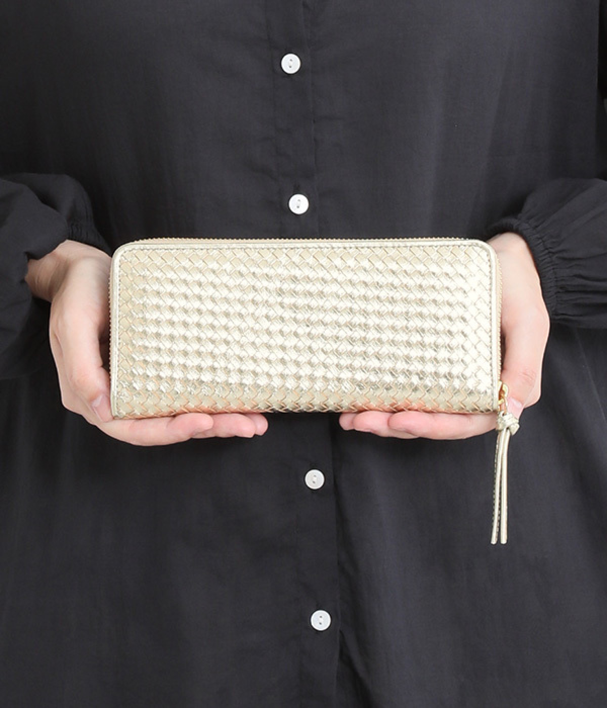 レザーメッシュ ジャバラ長カードウォレット(ゴールド-ONESIZE)