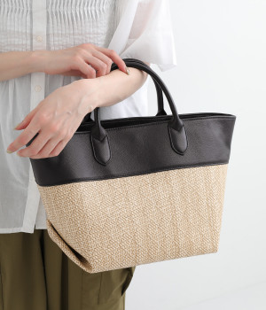 コットンレーヨンエステル混　牛革トート(ブラック-ONESIZE)