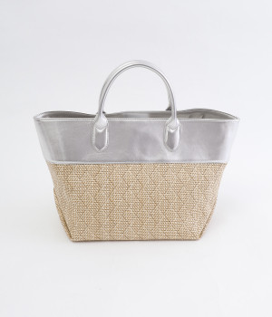 コットンレーヨンエステル混　牛革トート(シルバー-ONESIZE)