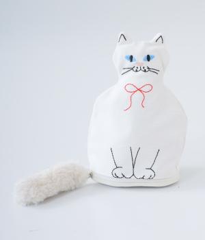 自立ネコ刺繍ポーチ(ホワイト-F)
