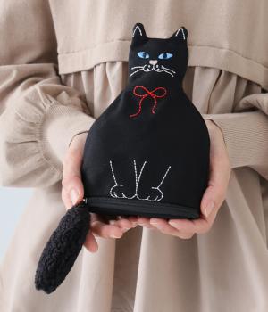 自立ネコ刺繍ポーチ(ブラック-F)