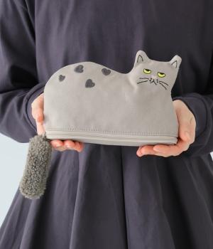 自立ネコ刺繍ポーチ(グレー-F)