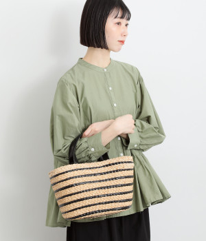 メタリックボーダー ラフィアカゴバッグ(ブラック-ONESIZE)