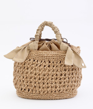 下がりリボン柄編みトート(ベージュ-ONESIZE)