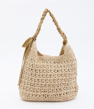 ドロストギャザーハンドル 柄編みトート(ベージュ-ONESIZE)