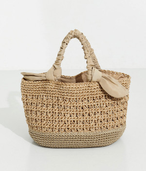 下がりリボン　切替編トート(ベージュ-ONESIZE)