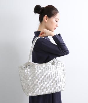 牛革レザーメッシュトートL(シルバー-F)