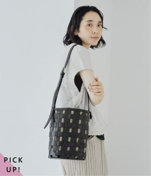 コラボ｜牛革透かし編みメッシュショルダートート(ブラック-F)