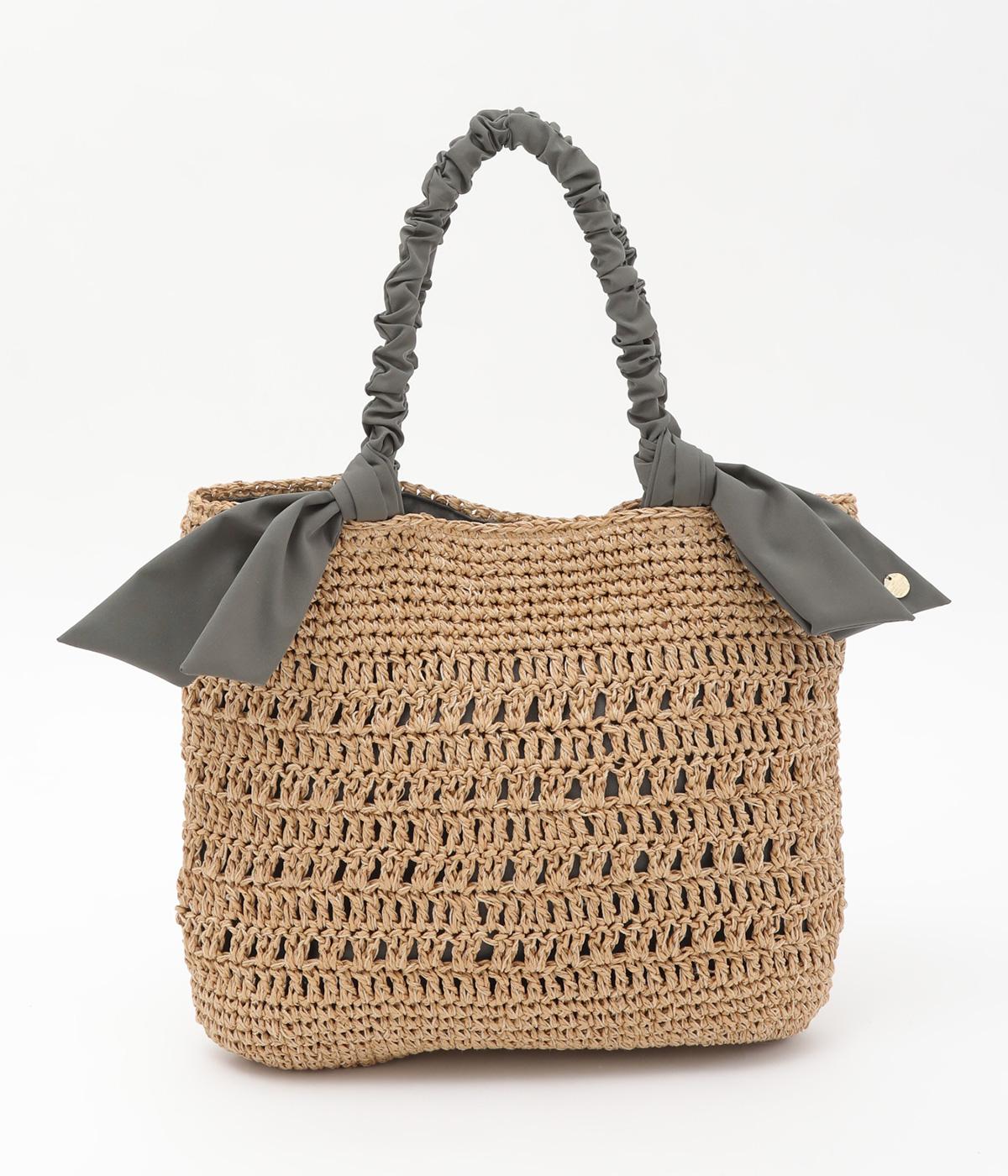 下がりリボン柄編みトート(グレー-F)