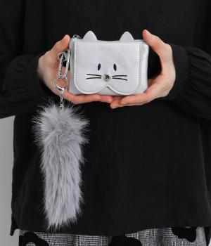 しっぽチャーム付ねこモチーフミニウォレット（シルバー・F）