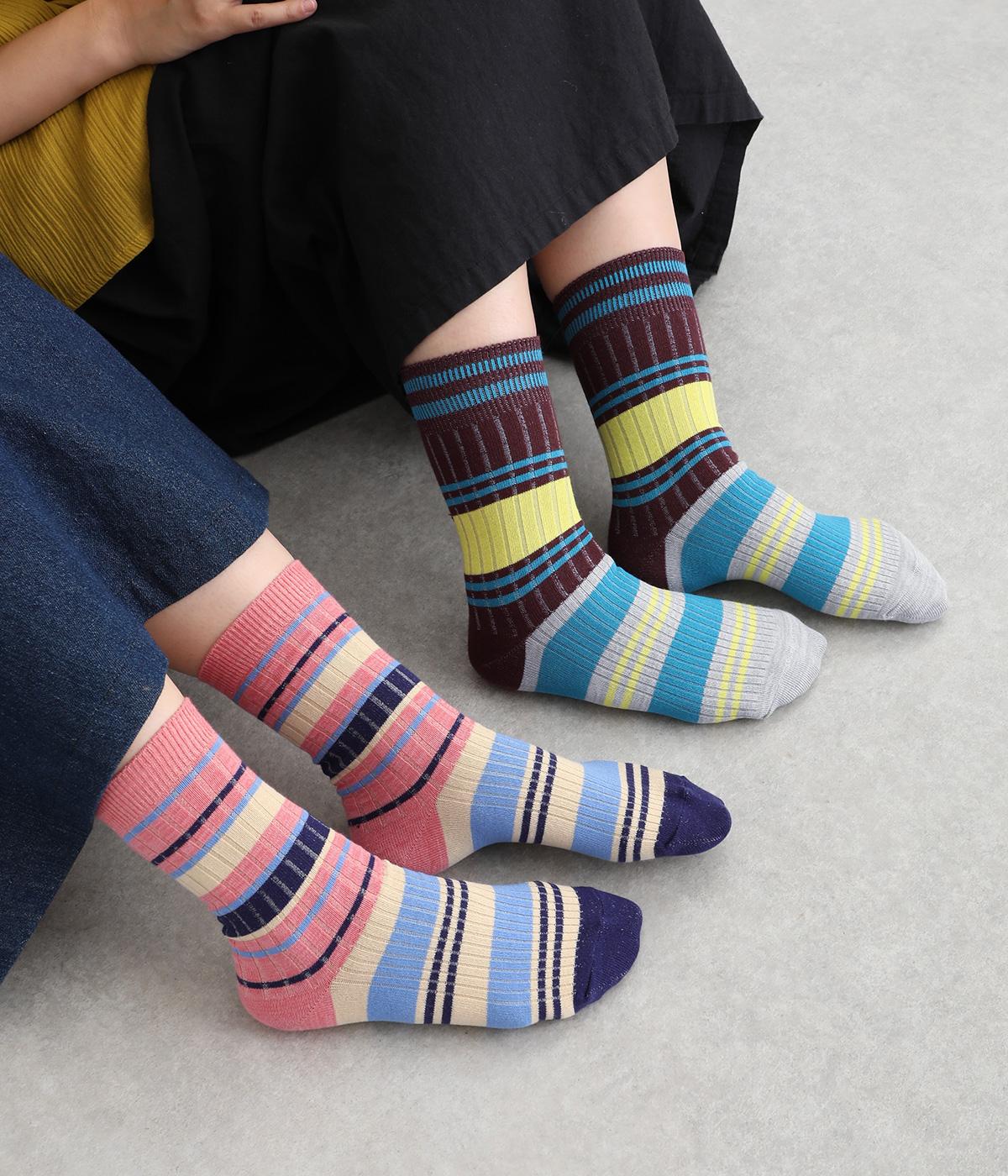 一石二鳥ボーダークルーソックス　2足組(カラー1-F)