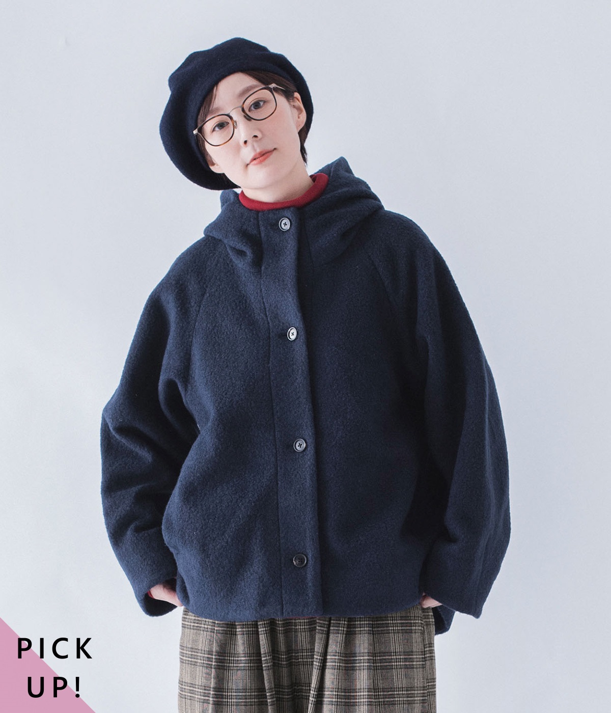 ブークレ フードショートコート(ネイビー-ONESIZE)