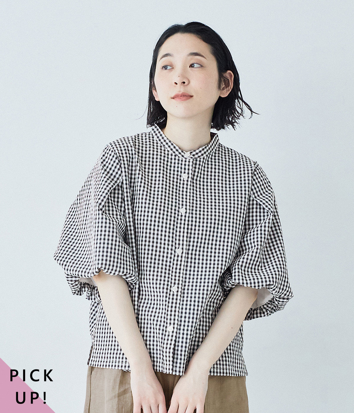 ギンガムチェック バルーンスリーブブラウス(ブラック-ONESIZE)