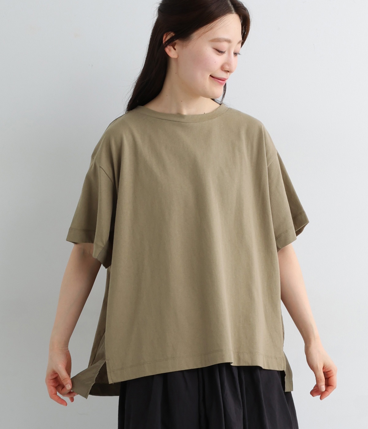 サイド異素材切り替えプルオーバー(カーキベージュ-ONESIZE)