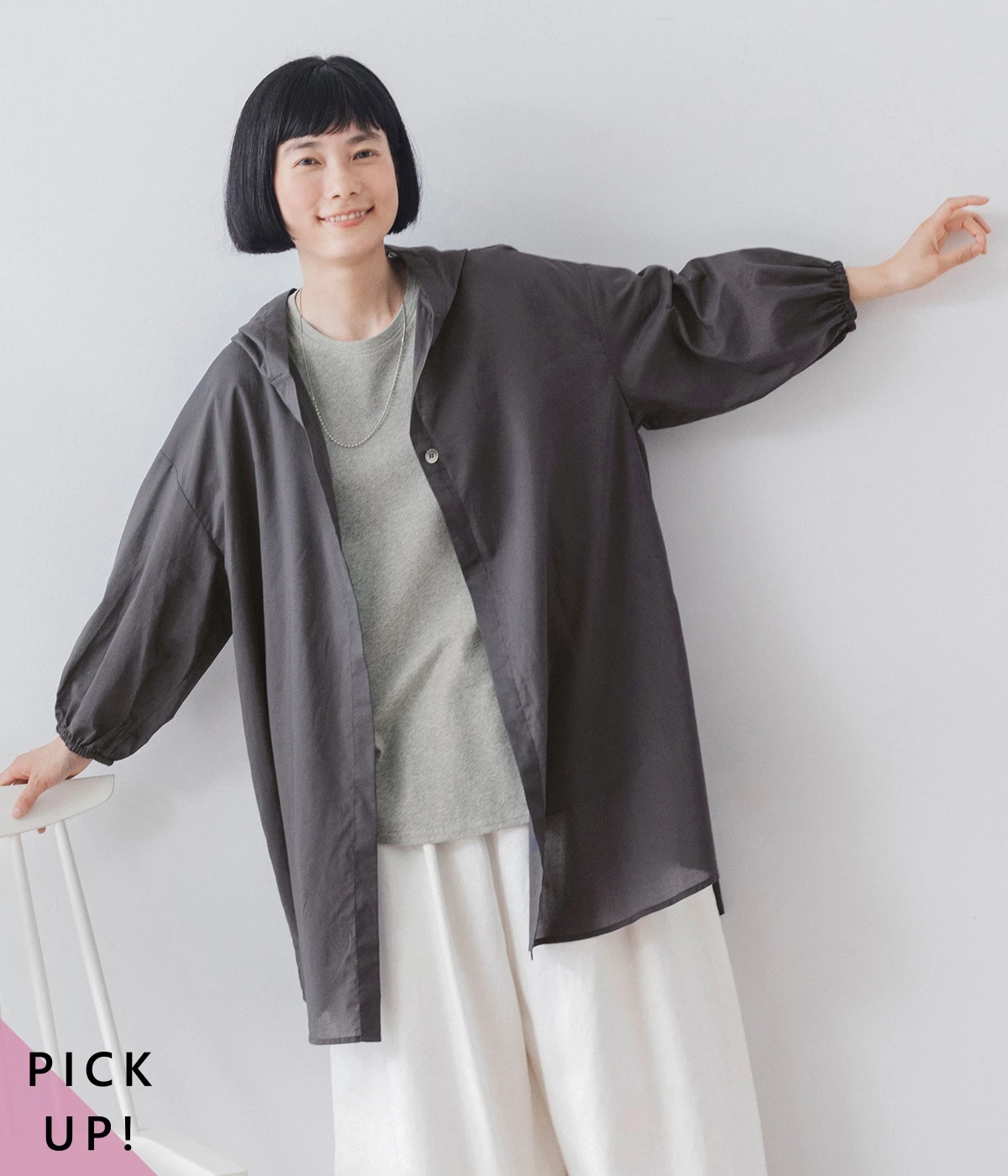 コットンボイルフード付きシャツカーディガン(ネイビー-ONESIZE)