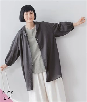 コットンボイルフード付きシャツカーディガン(ネイビー-ONESIZE)