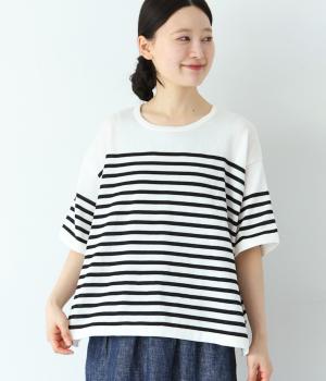 ウォッシャブル半袖ボーダーニット(ホワイト×ブラック-ONESIZE)