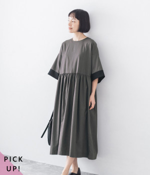リネンコットン 配色ワンピース