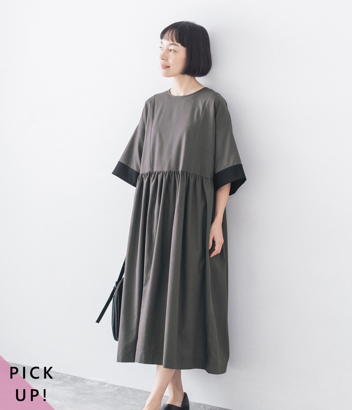 リネンコットン 配色ワンピース(チャコール-ONESIZE)