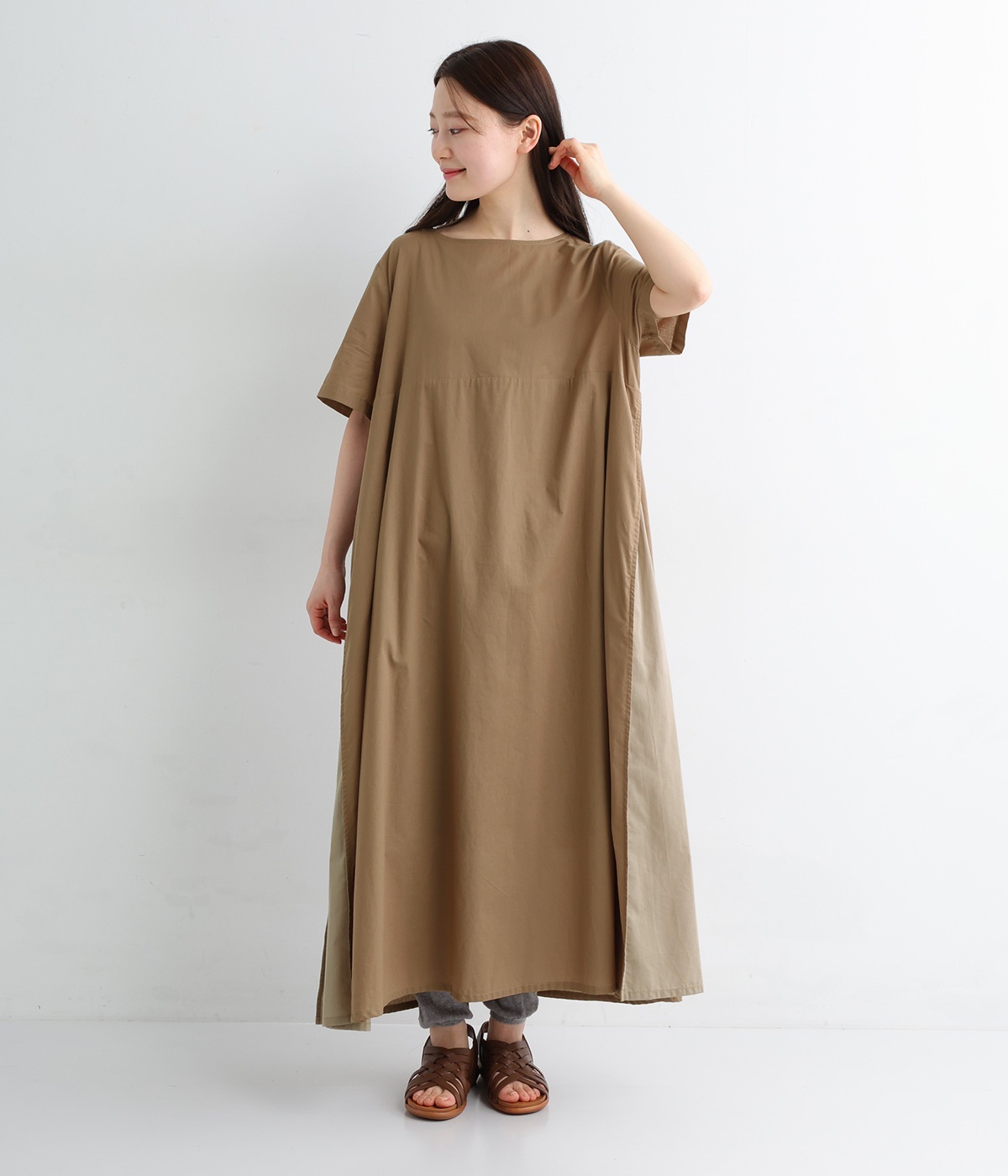 サイド異素材切り替えワンピース(モカ-ONESIZE)