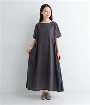 サイド異素材切り替えワンピース(ネイビー-ONESIZE)