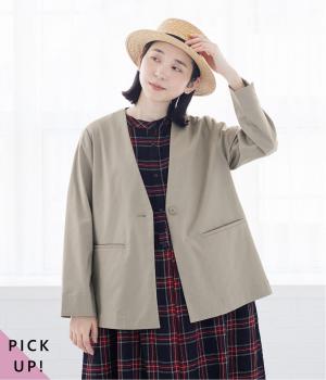 リネンコットンノーカラージャケット(グレージュ-M)