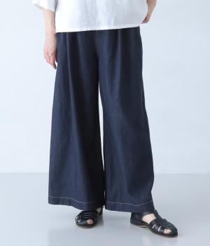コットンリネンデニムワイドギャザーパンツ(ワンウォッシュ-F)