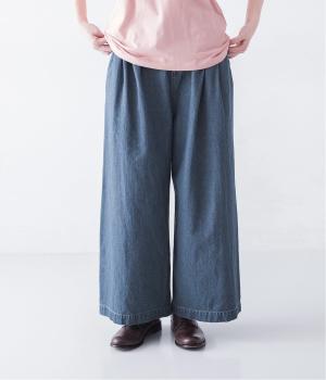 コットンリネンデニムワイドギャザーパンツ(ブリーチ-F)