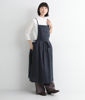 平織りリネンウエストタックエプロン(ネイビー-ONESIZE)